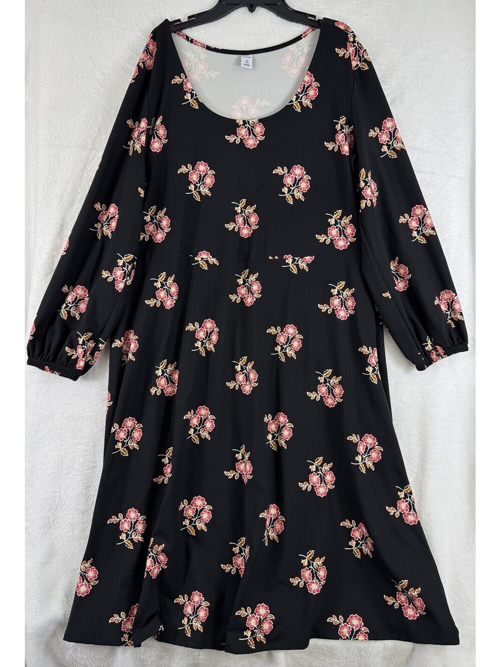 Old Navy Dress 1X Knit Black Floral Long Sleeve Midi Soft Fit Flare Plus Size